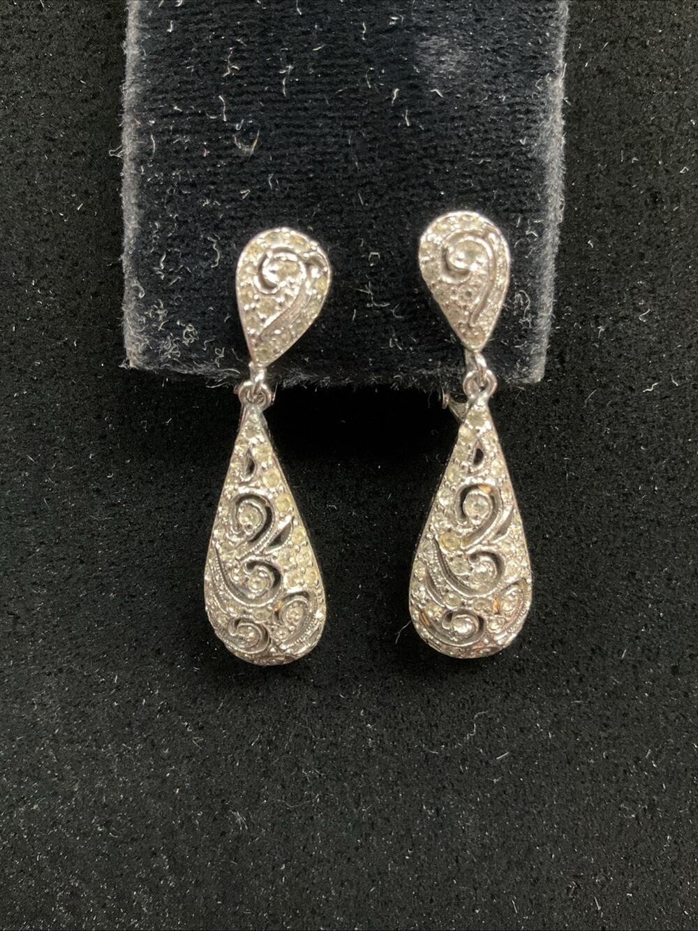 Vintage Panetta Clip On Earrings Silver Tone Clear Rhinestone Dangle Teardrops
